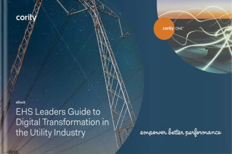 Cover of an eBook titled EHS Leaders Guide to Digital Transformation in the Utility Industry, providing insights for utilities navigating the digital transformation journey by Cority.
