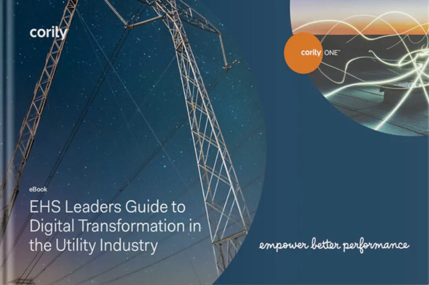 Cover of an eBook titled EHS Leaders Guide to Digital Transformation in the Utility Industry, providing insights for utilities navigating the digital transformation journey by Cority.