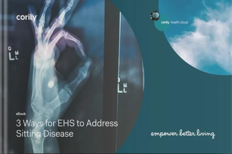 X-ray of a hand making an OK sign, alongside text highlighting ways to address sitting disease in an informative EHS eBook.