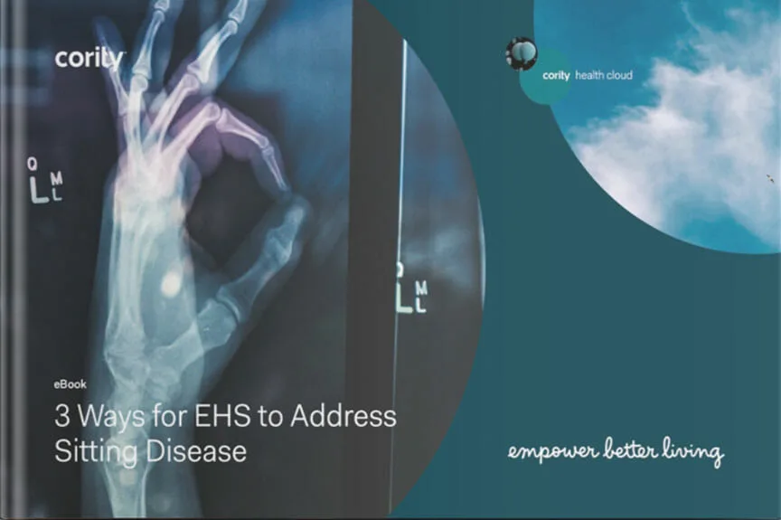 X-ray of a hand making an OK sign, alongside text highlighting ways to address sitting disease in an informative EHS eBook.