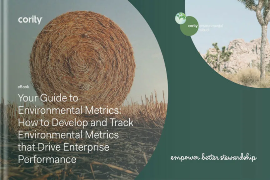 A large hay bale in a field with overlay text about Coritys eBook, designed to help you track environmental metrics effectively.