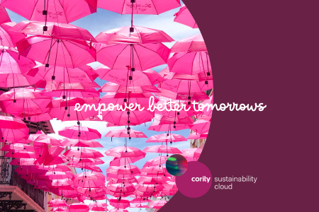 Pink umbrellas hang above a street with the text empower better tomorrows and corily sustainability cloud, highlighting the power of digitization for Net Zero goals.