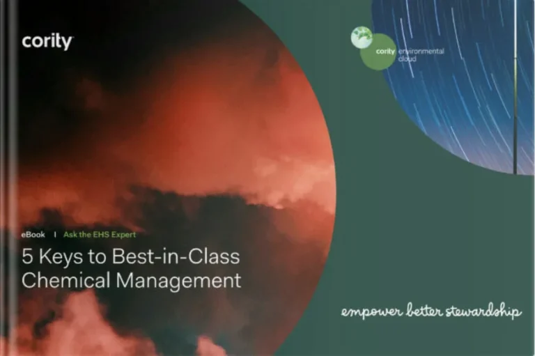 Cover of an eBook titled 5 Keys to Best-in-Class Chemical Management by Cority, featuring a red and green background that highlights best-in-class chemical management practices.