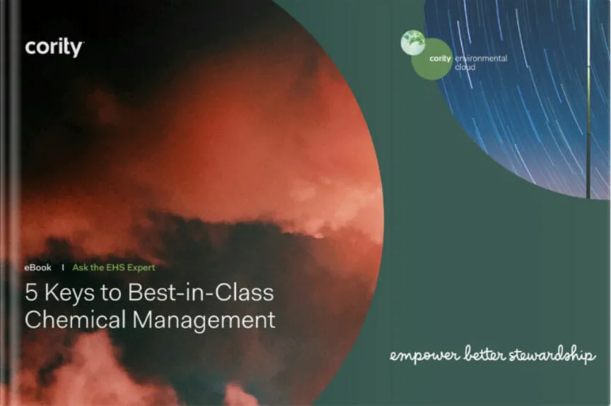 Cover of an eBook titled 5 Keys to Best-in-Class Chemical Management by Cority, featuring a red and green background that highlights best-in-class chemical management practices.