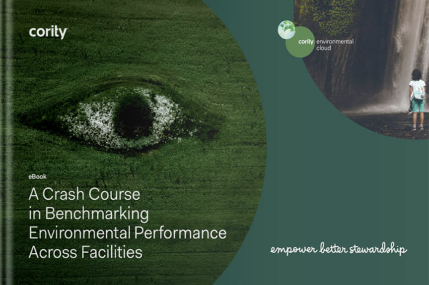 A green eye illustration beside a person standing by a waterfall highlights benchmarking environmental performance, with text emphasizing sustainability.