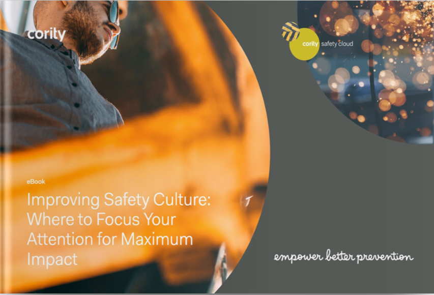 A man looks down next to text about maximizing impact by improving safety culture, featuring insights from the Improving Safety Culture eBook by Cority Safety Cloud.