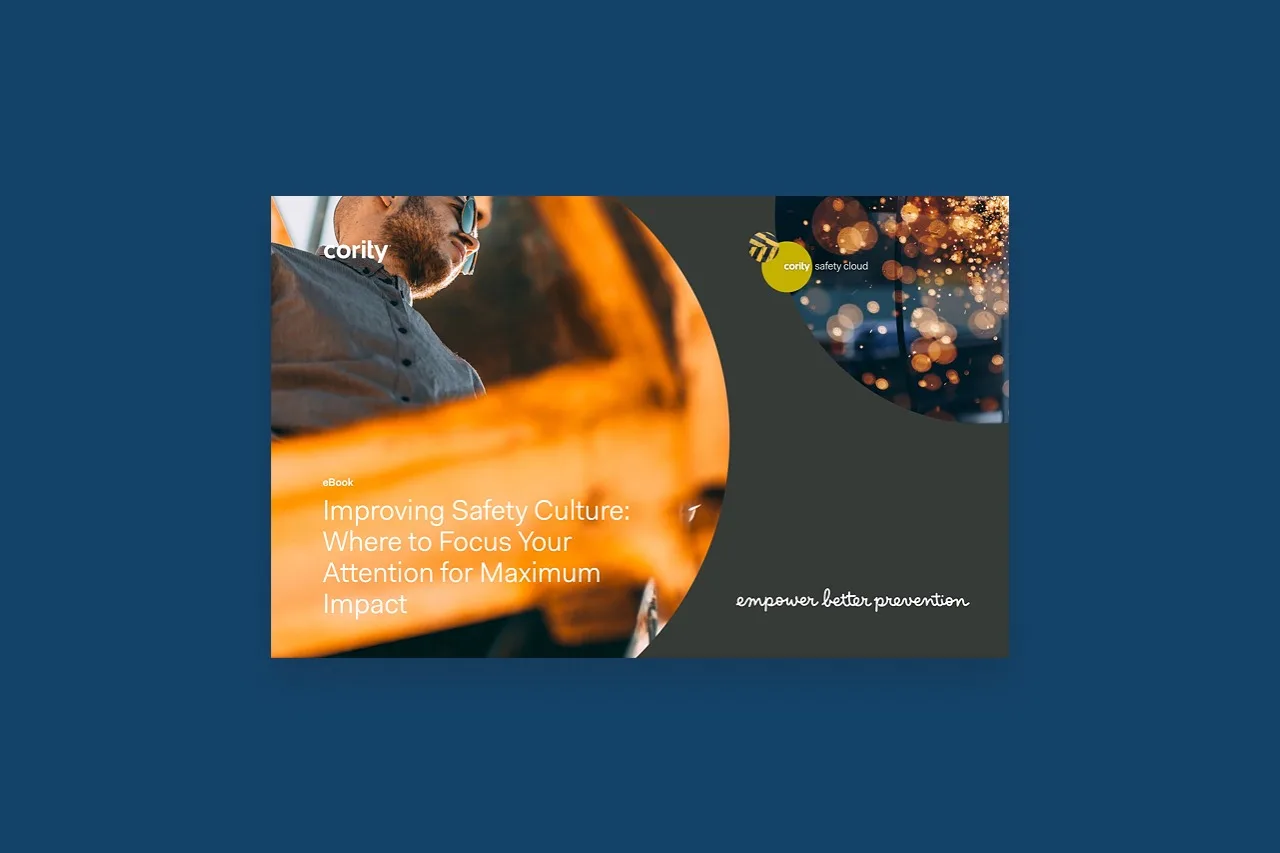 A man looks down next to text about maximizing impact by improving safety culture, featuring insights from the Improving Safety Culture eBook by Cority Safety Cloud.