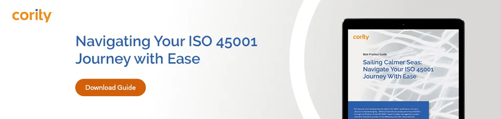 Banner for Cority offering a comprehensive ISO 45001 guide to help you navigate your certification journey, with a button to download your free guide.