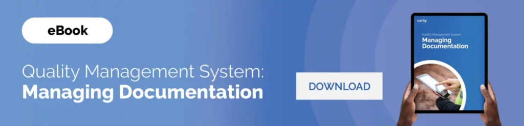 Banner for an eBook titled Quality Management System: Managing Documentation, featuring a tablet image and download button—your essential guide to solving Document Control Problems.