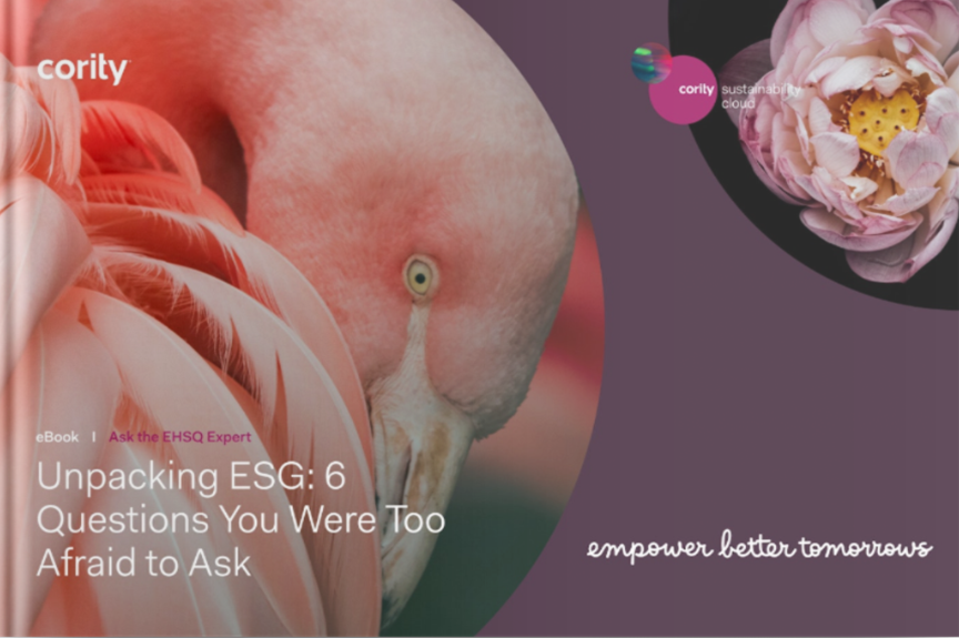Close-up of a flamingo with text: Unpacking ESG: 6 Questions You Were Too Afraid to Ask. Features Cority branding and highlights key ESG insights.