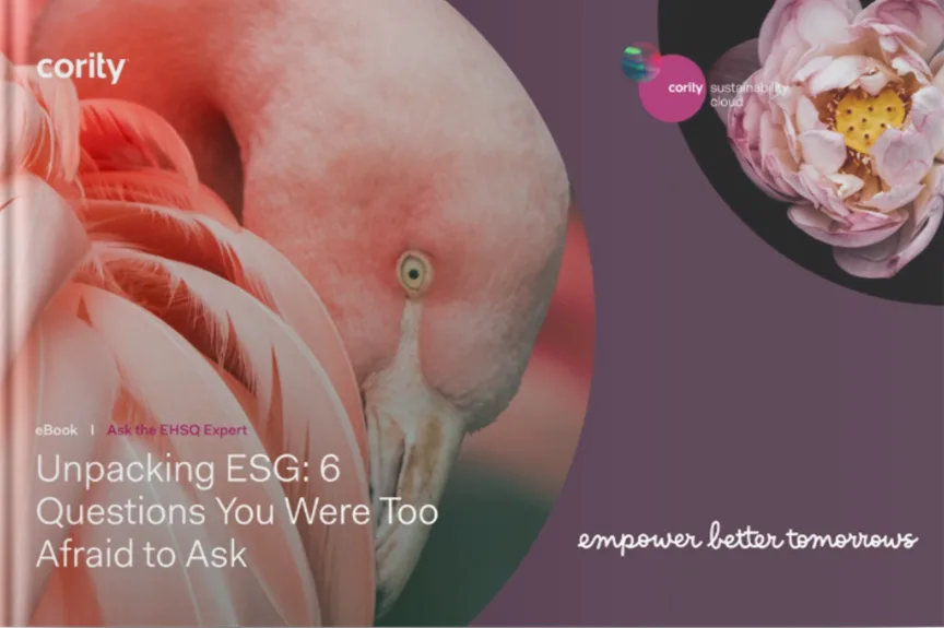 Close-up of a flamingo with text: Unpacking ESG: 6 Questions You Were Too Afraid to Ask. Features Cority branding and highlights key ESG insights.