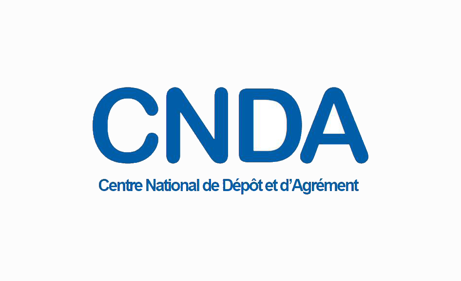 CNDA Certification logo with Centre National de Dépôt et d’Agrément written below in blue on a white background.