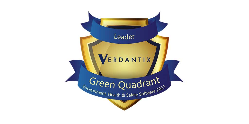 Gold and blue shield badge labeled Verdantix Leader Green Quadrant, recognizing Cority as a top EHS software provider in 2021.