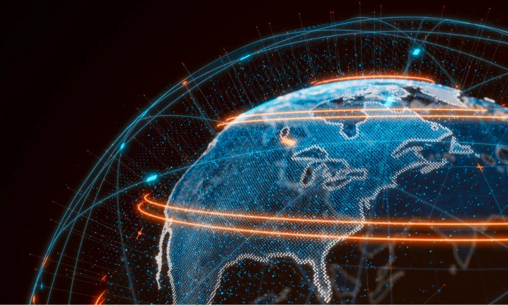 Digital illustration of Earth with glowing data lines and dots, suggesting global connectivity, technology, and the rise of digital care solutions for mental health support.