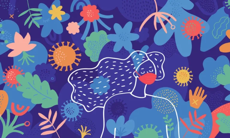Colorful abstract illustration of a masked woman surrounded by flowers and virus shapes on a blue background, symbolizing digital care and mental health.