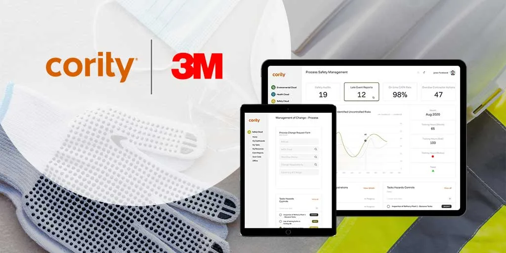 Cority and 3M logos, alongside gloves, mask, and tablets displaying safety management dashboards in the background.