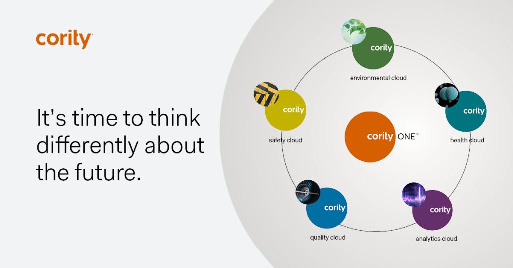 Diagram illustrating CorityOne connecting safety, environmental, health, analytics, and quality clouds, with the slogan displayed on the left.