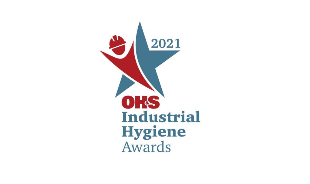 2021 OH&S Industrial Hygiene Award logo featuring a blue star and a red figure wearing a hard hat.