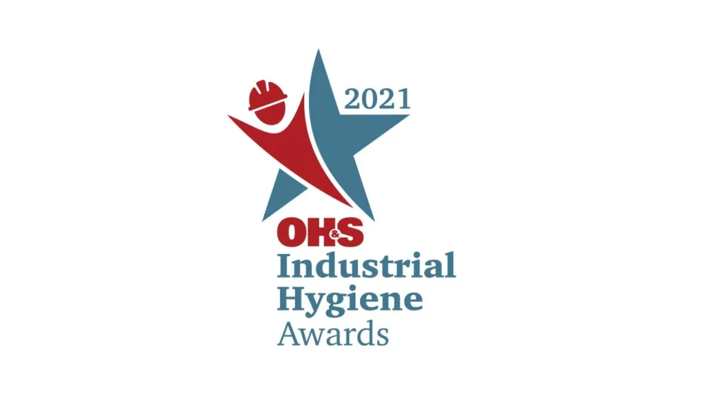 2021 OH&S Industrial Hygiene Award logo featuring a blue star and a red figure wearing a hard hat.