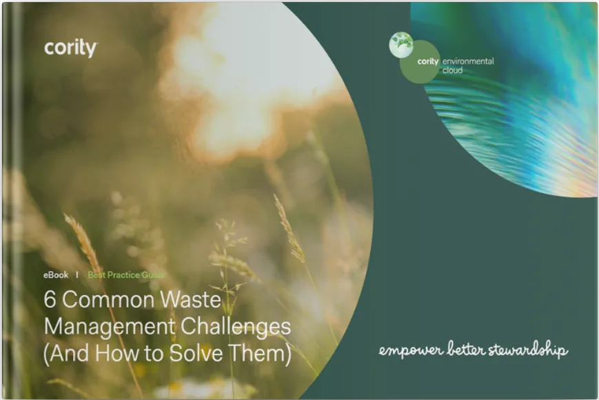 EBook cover highlighting 6 Common Waste Management Challenges (And How to Solve Them) by Cority.