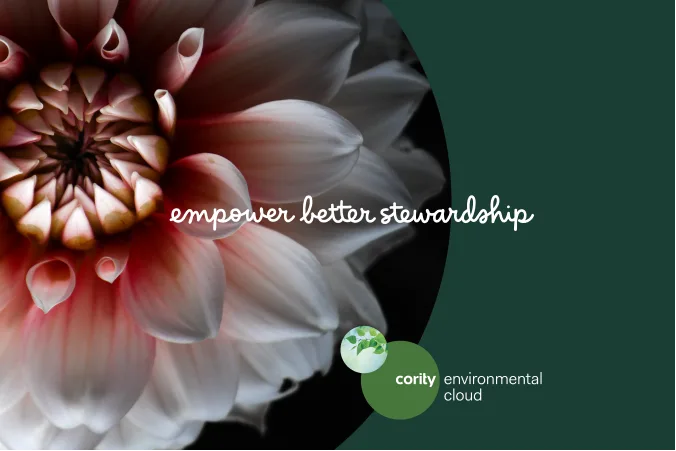 Close-up of a pink and white flower with the text empower better stewardship, Cority logo, and a nod to what every EHS professional should know about ESG.