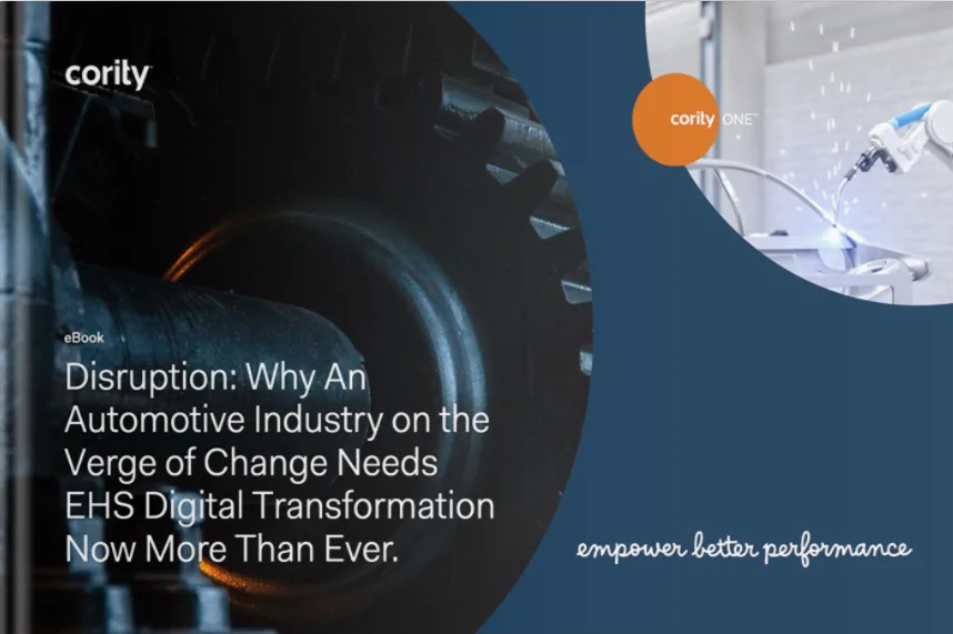 Close-up of a large gear with text highlighting EHS digital transformation in the automotive industry by Cority.
