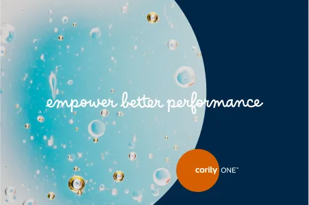 A blue, bubbly background featuring the text empower better performance, highlighting Cority ONE and supporting your Audit Program.