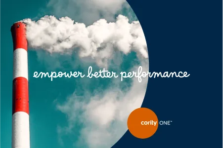 Red and white smokestack emits white smoke under a blue sky, featuring the text empower better performance, Cority logo, and a subtle nod to EHS Software.