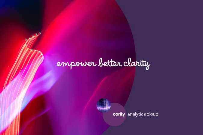Abstract purple and pink background with text empower better clarity, predictive analytics, and Cority Analytics Cloud logo.
