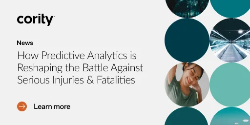 Cority news banner highlights how predictive analytics helps prevent serious injuries and fatalities, featuring circular images and a Learn More button.