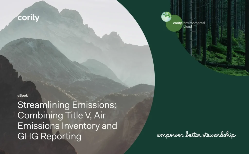 Mountain landscape with forest, featuring text about streamlining air emissions management and GHG reporting from Cority.