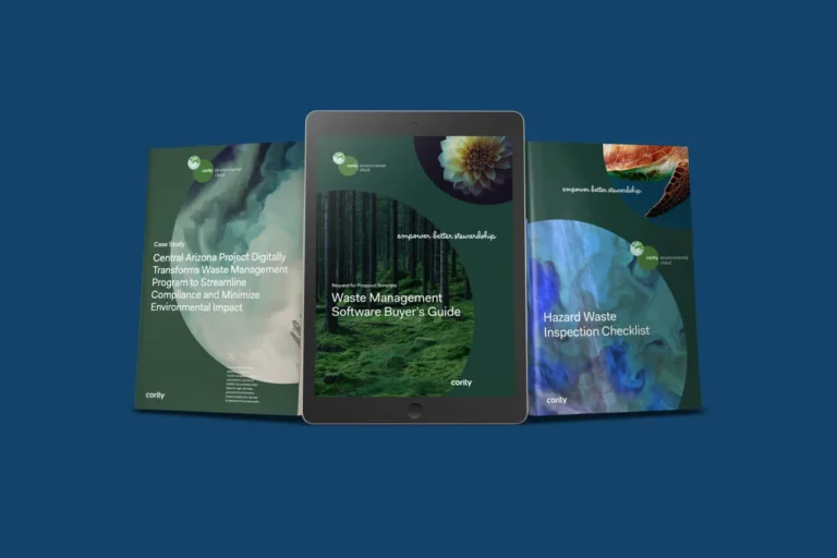 Three Waste Management Resource Kit guidebook covers and a tablet displaying a software buyer’s guide, all on a blue background.