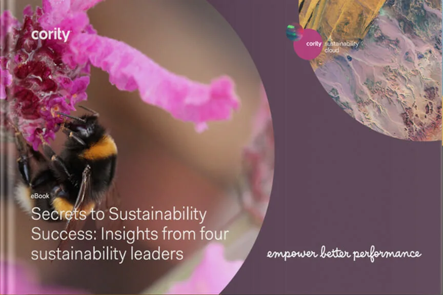A bee gathers nectar from a pink flower, with text about sustainability success and insights alongside the Cority logo visible.