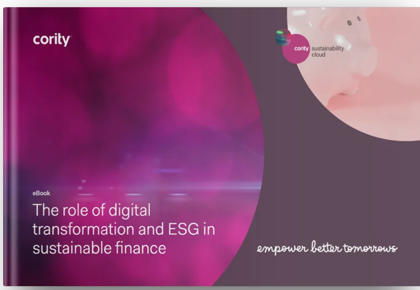 Cover of an eBook titled The role of digital transformation, ESG, and sustainable finance by Cority.
