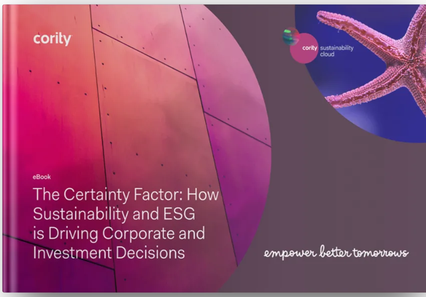 Cority eBook cover on sustainability and ESG in corporate decisions, featuring a modern design and sea star image to highlight the importance of sustainability and ESG strategies.