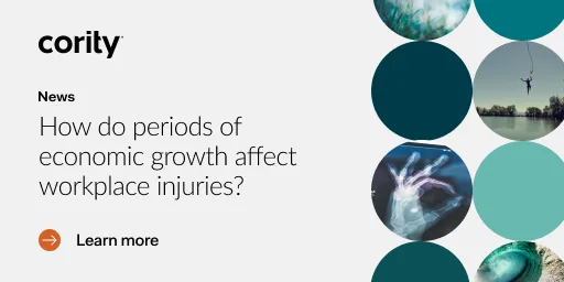 Cority news headline explores how economic growth influences workplace injuries, featuring circular images on the right.