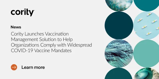 Cority introduces a vaccination management solution to support COVID-19 compliance; abstract circles accent the right side.