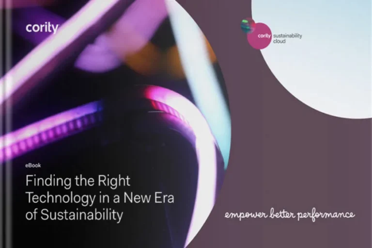 Abstract image with purple and pink light tubes and text: Finding the Right Sustainability Technology in a New Era of Sustainability.