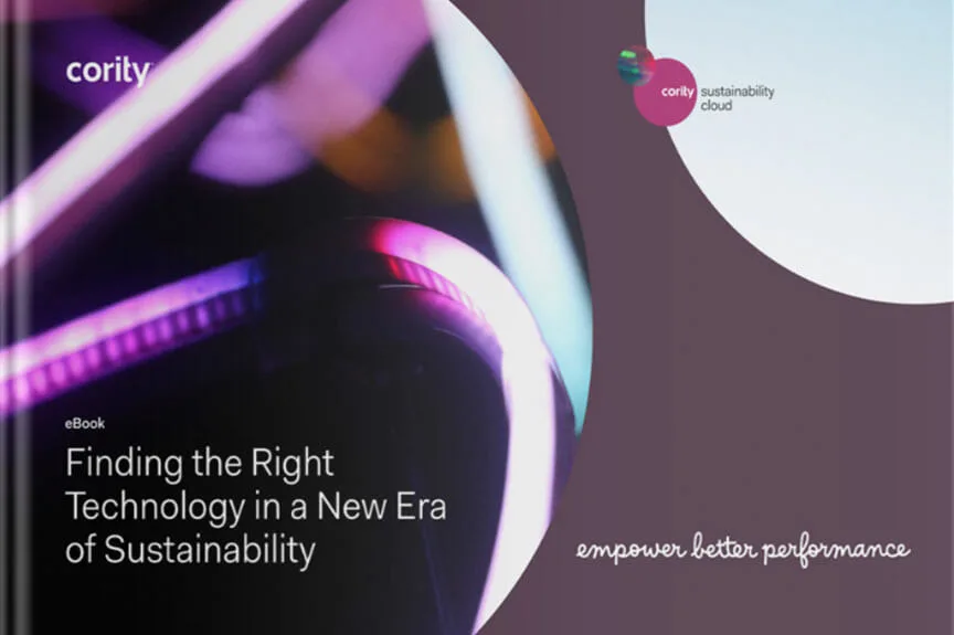 Abstract image with purple and pink light tubes and text: Finding the Right Sustainability Technology in a New Era of Sustainability.