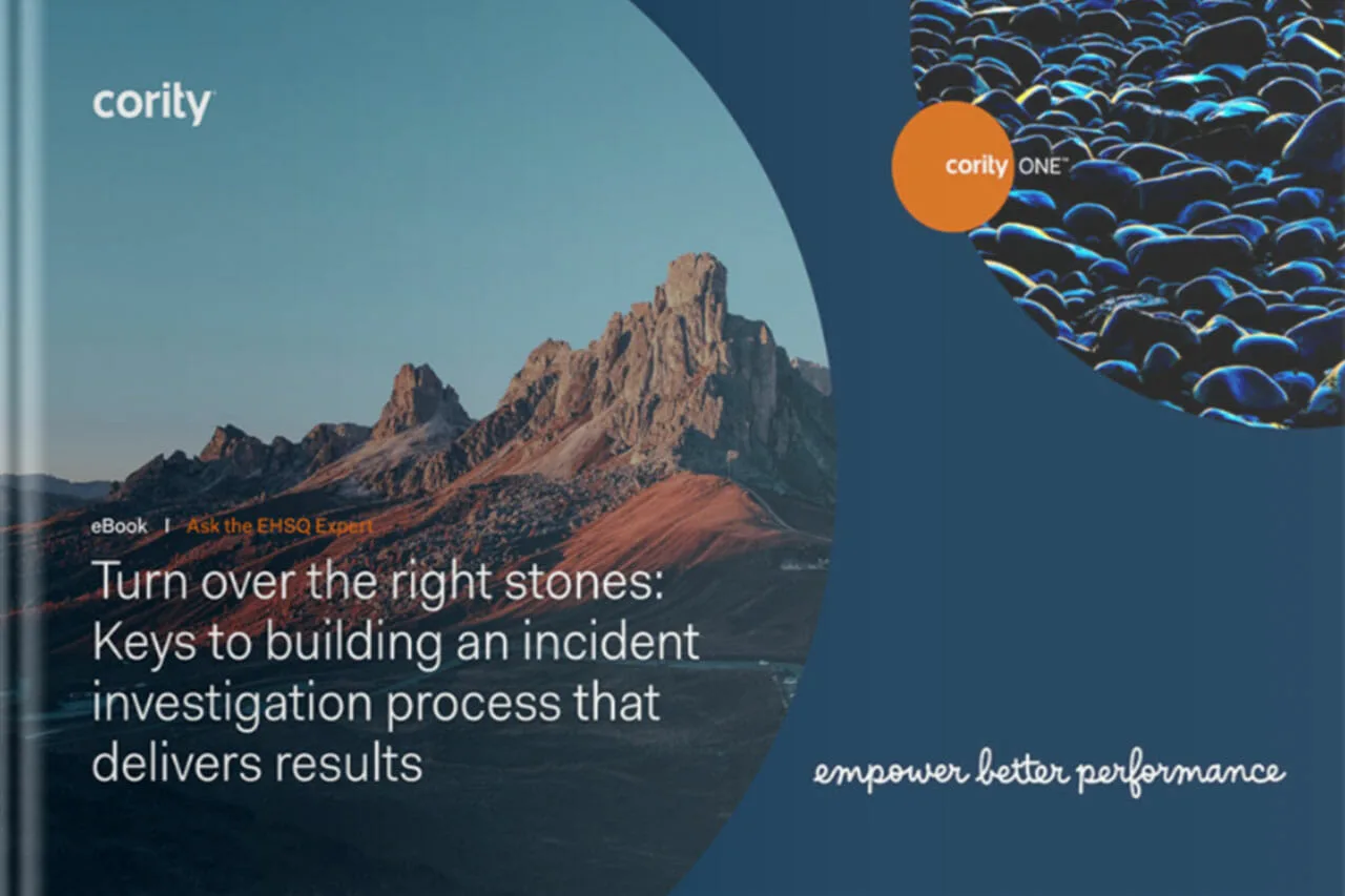 Cover of an eBook featuring mountains, abstract bubbles, and text highlighting essential keys to the incident investigation process.