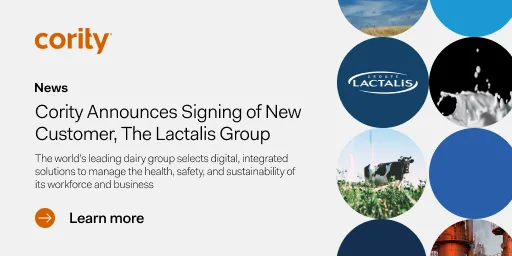 Cority welcomes new customer, Lactalis Group, with vibrant images of dairy products and company logos displayed on the right.