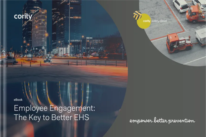 Cover of an eBook titled Employee Engagement: The Key to Better EHS by Cority, featuring cityscapes and safety images that highlight the importance of employee engagement in creating safer workplaces.