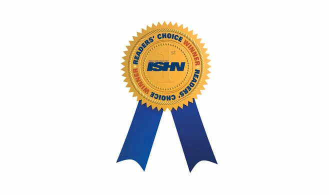 Gold ISHN 2021 Readers’ Choice Award ribbon with blue tails on a white background, celebrating excellence in Contractor Safety Management.