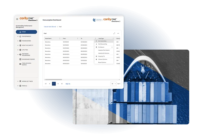A dashboard showing fuel consumption data overlays an aerial view of a cargo ship carrying large blue and white containers. The dashboard includes a table with dates, corresponding fuel consumption values, and management of change risk assessment insights.