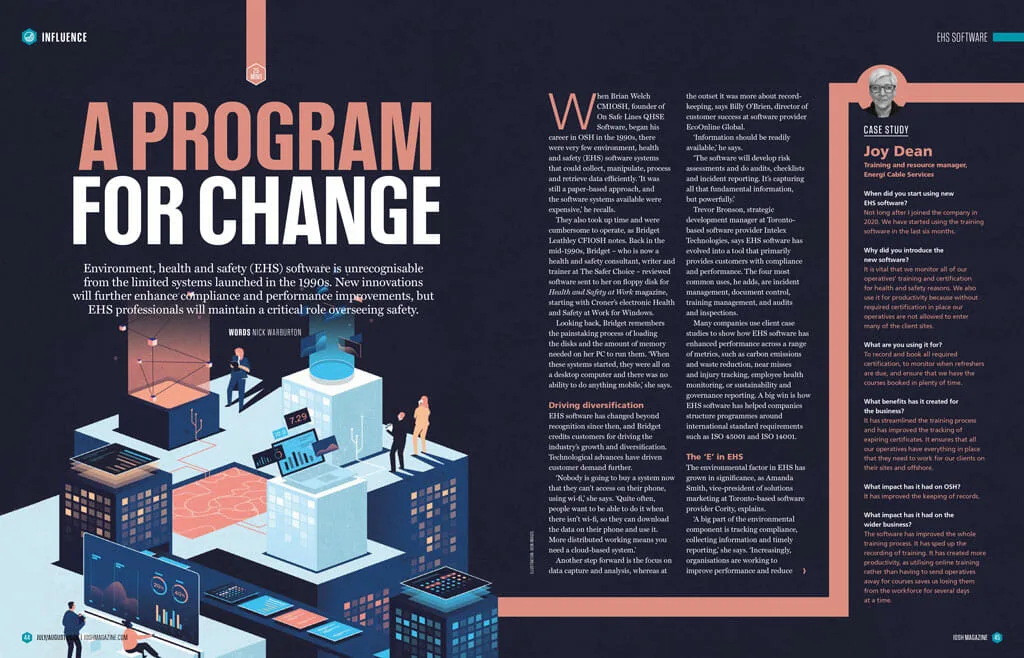 Infographic showing people interacting with digital screens about environmental, health, and safety software advancements—highlighting A Program for Change.
