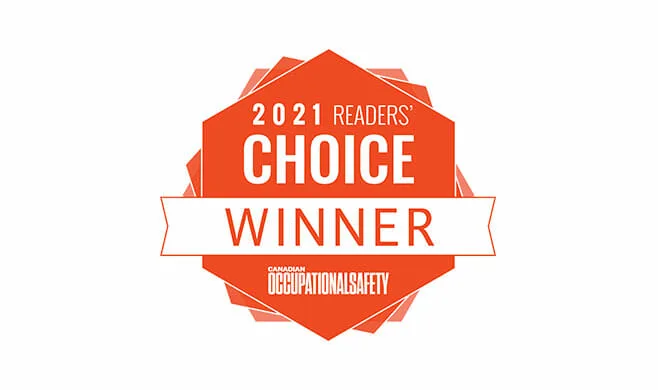 Orange badge with text: 2021 Readers’ Choice Awards Winner, best in class Canadian Occupational Safety, on a white background.
