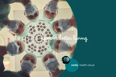 Six surgeons in scrubs and masks stand in a circle, looking down under surgical lights; Cority Health Cloud logo—empowering Occupational Health Programs to enhance team productivity.