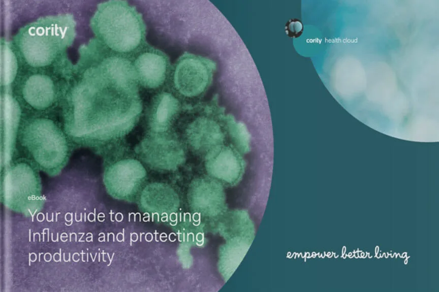 Cover of an eBook about managing influenza, featuring a close-up image of the influenza virus and tips for protecting productivity during flu season.