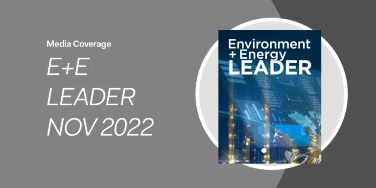 E+E Leader magazine cover featuring Media Coverage Nov 2022 text on a gray geometric background, highlighting Cority’s innovative Waste Management Platform and advanced reporting solutions.