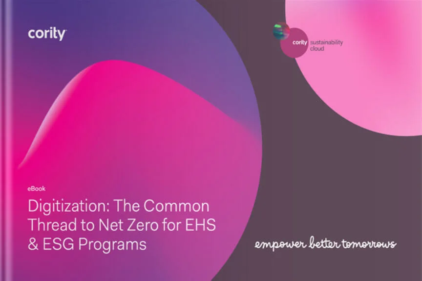 Purple and pink abstract cover for an eBook on digitization, exploring net zero EHS and ESG programs by Cority.
